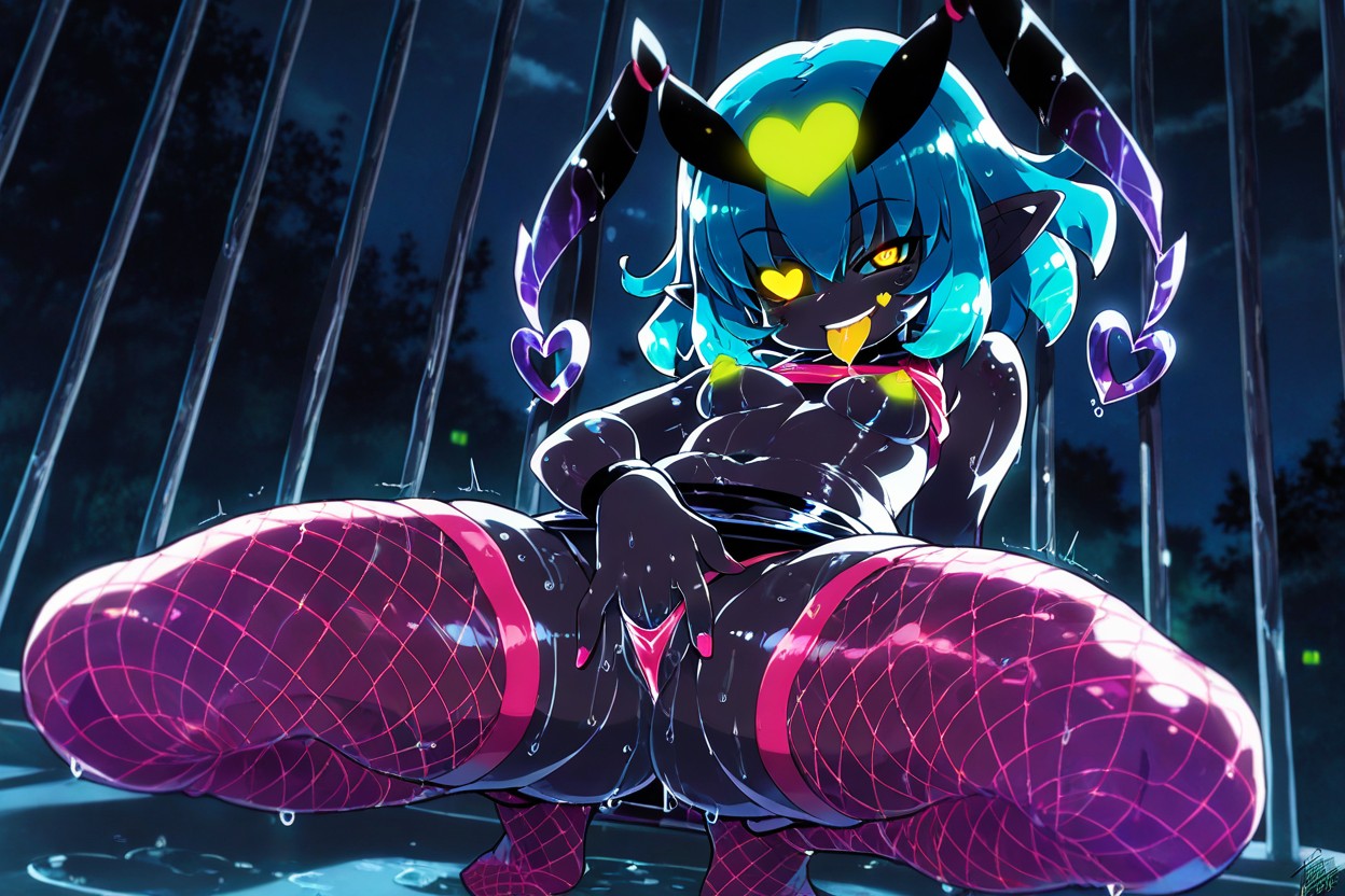 One Eye Winking, Pink Top Lifted, Green Glowing Nipples Hentai AI Porn