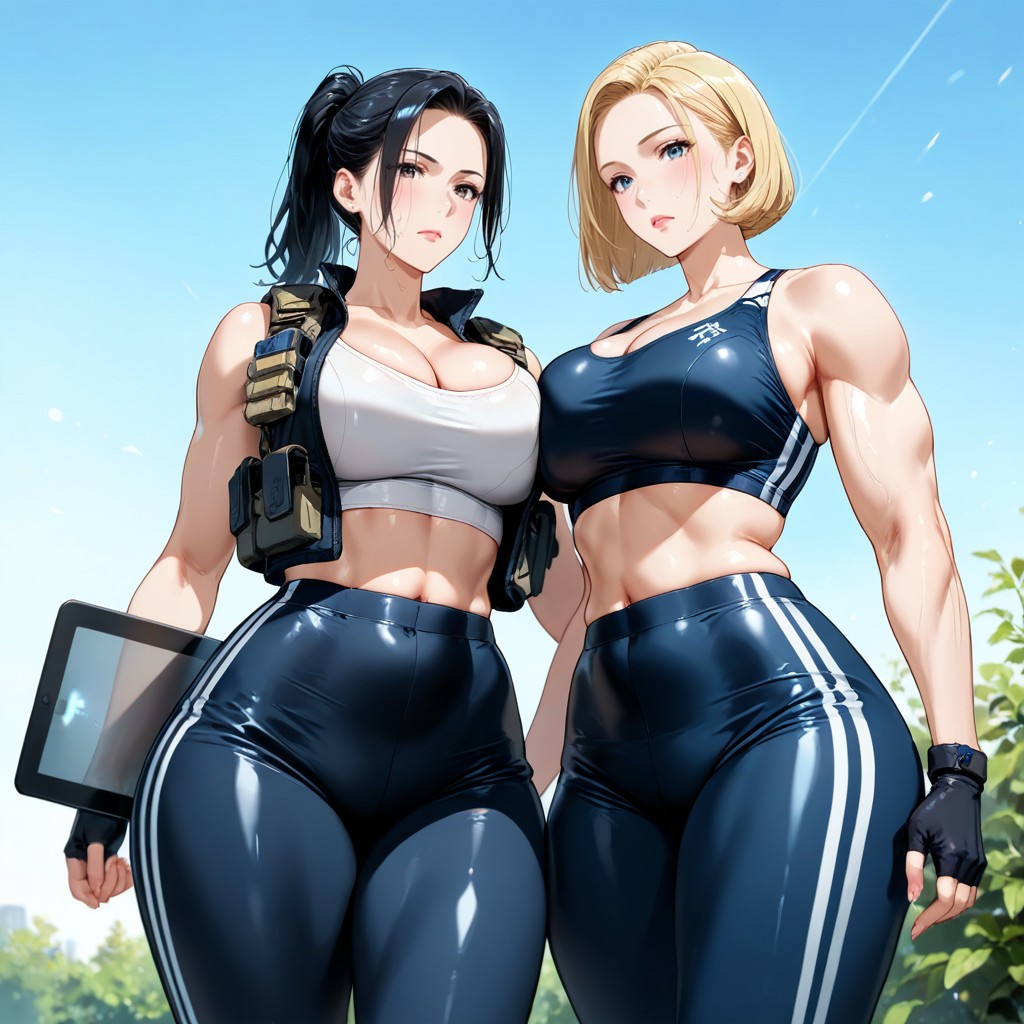 Bust-shot, Fingerless Gloves Sheer Fabric-sport Bra, Navel Exposed Hentai AI Porn