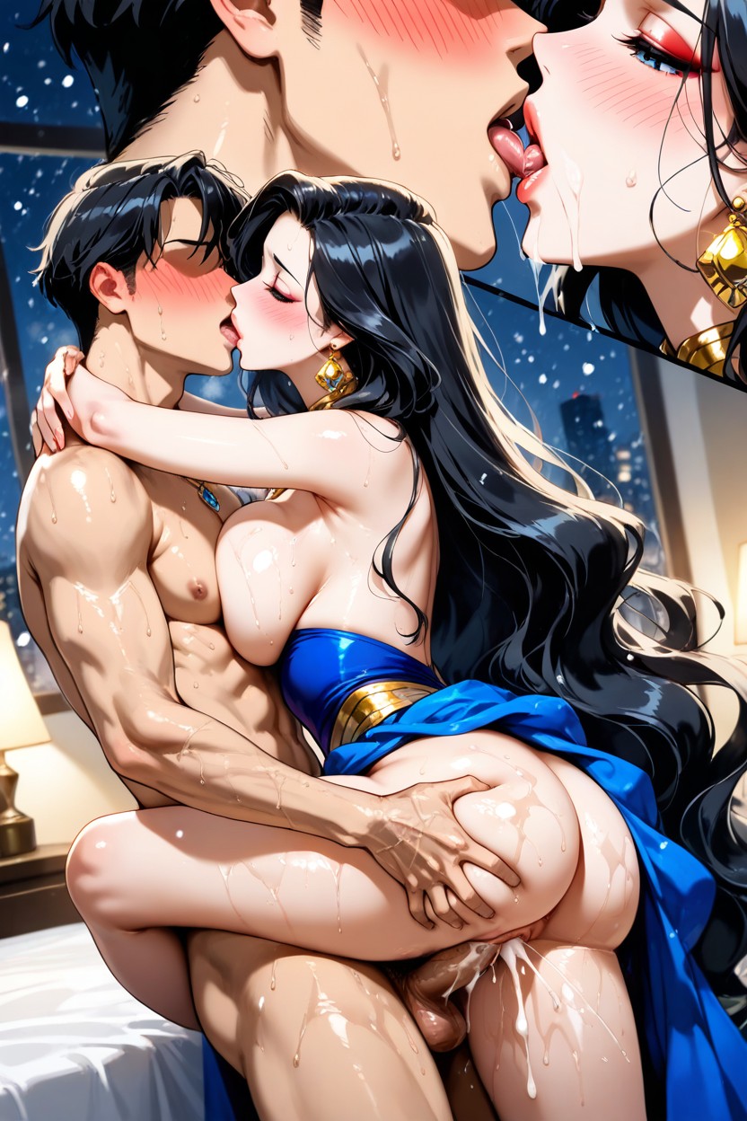 Modern Hotel Bedroom, Tongue Kissing, Extra Long Voluminous Hair Hentai AI Porn