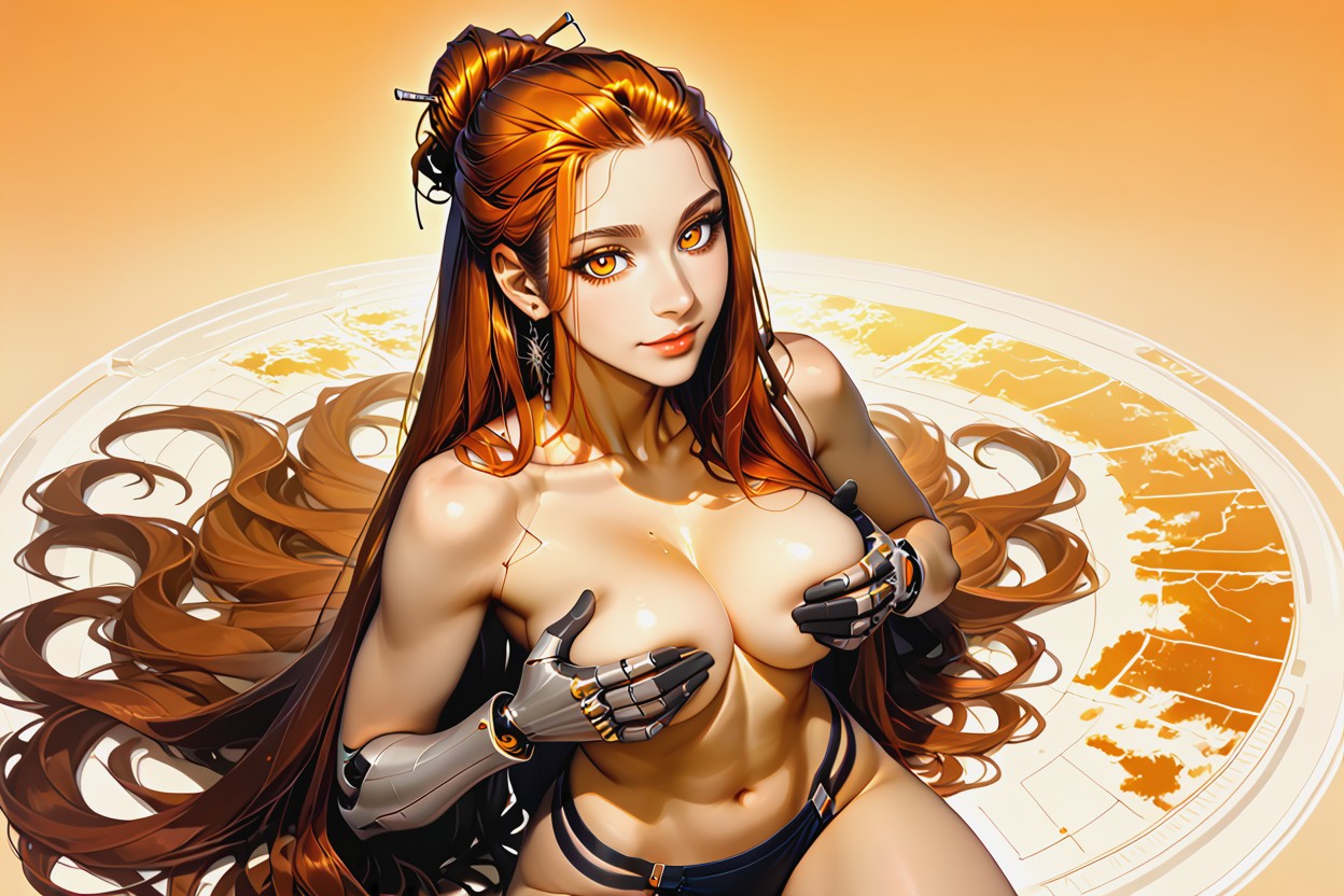Titanium-robotic-cybernetic-cyborg-mechanical-prosthetic-limbs-body-arms-legs-hands-neck-face-abdomen, Navel Exposed, Soft Blue/orange Gradient Map Hentai AI Porn