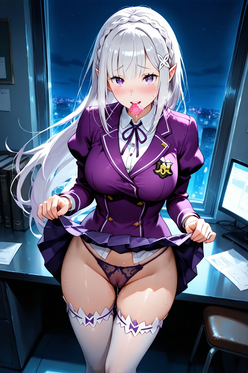 Sweat, Looking Up At Viewer, Purple Pleated Skirt Hentai AI Porn