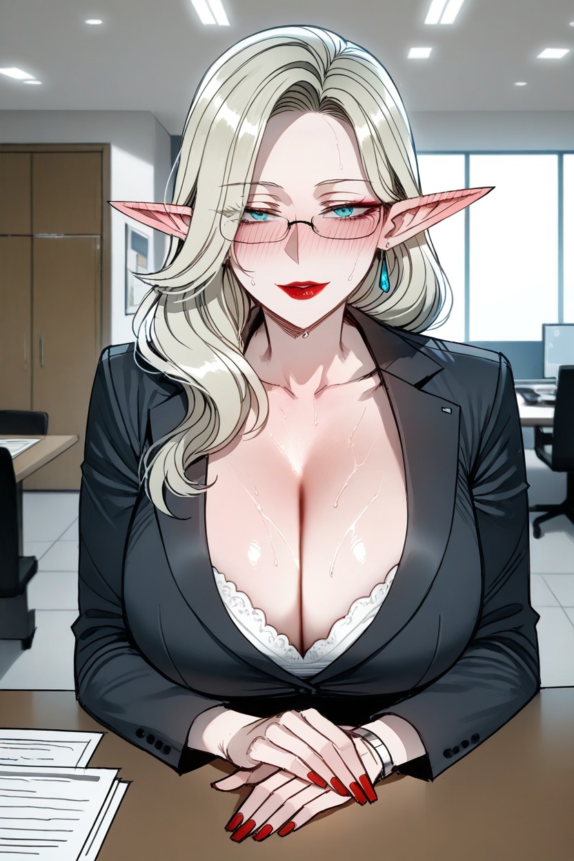 Hand Covering Ear, Seductive, Focus On Cleavage Hentai AI Porn