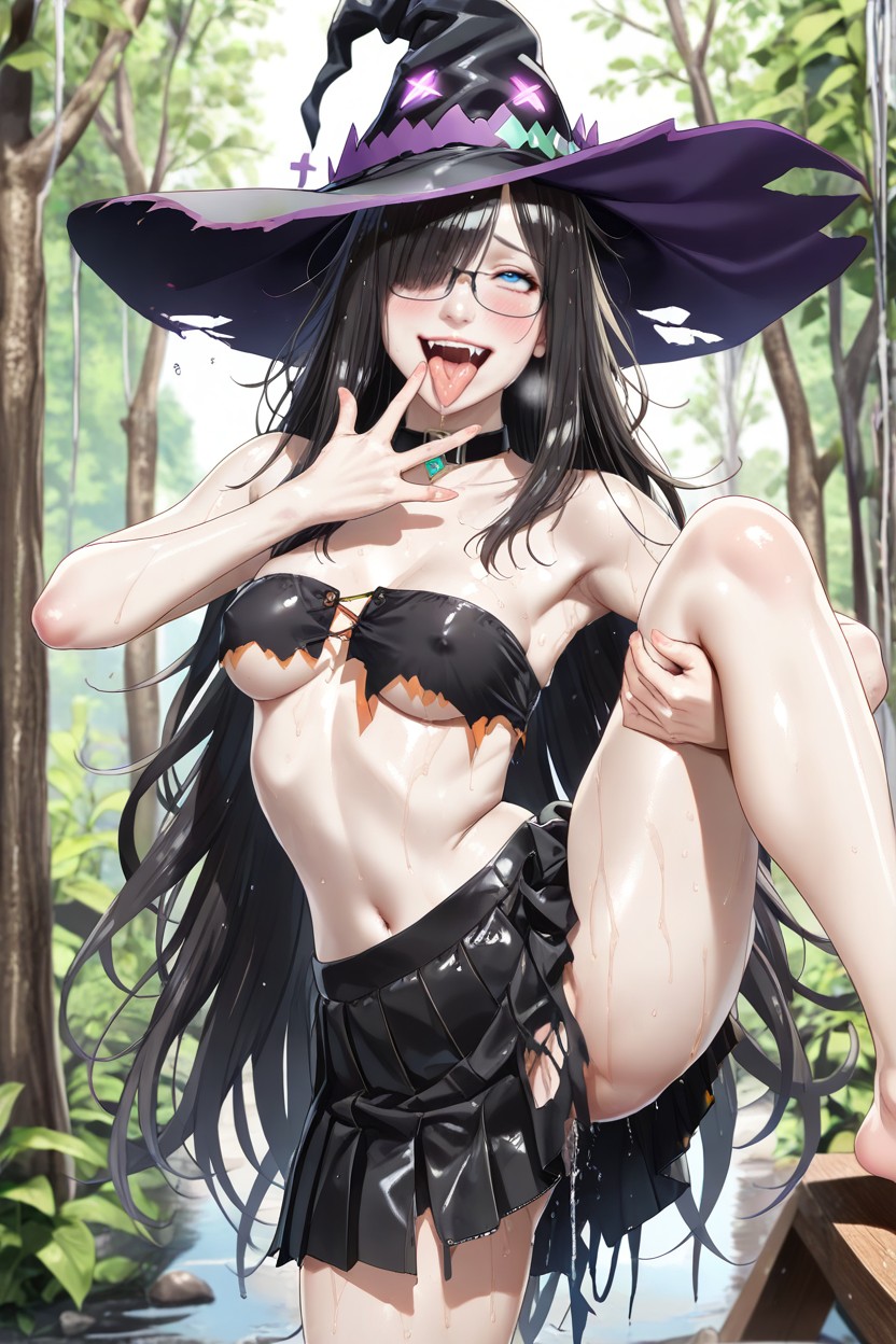 Small Breasts, Bangs Over One Eye, Green Fantasy Forest Background Hentai AI Porn