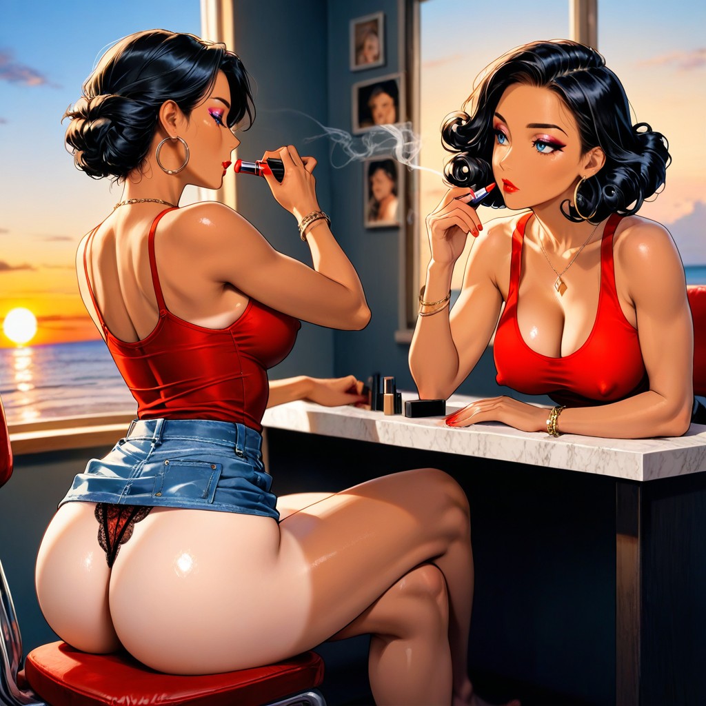 Blue Eyes, Chichi Sitting On A Red Chair At A Makeup Table, Noir Hentai AI Porn