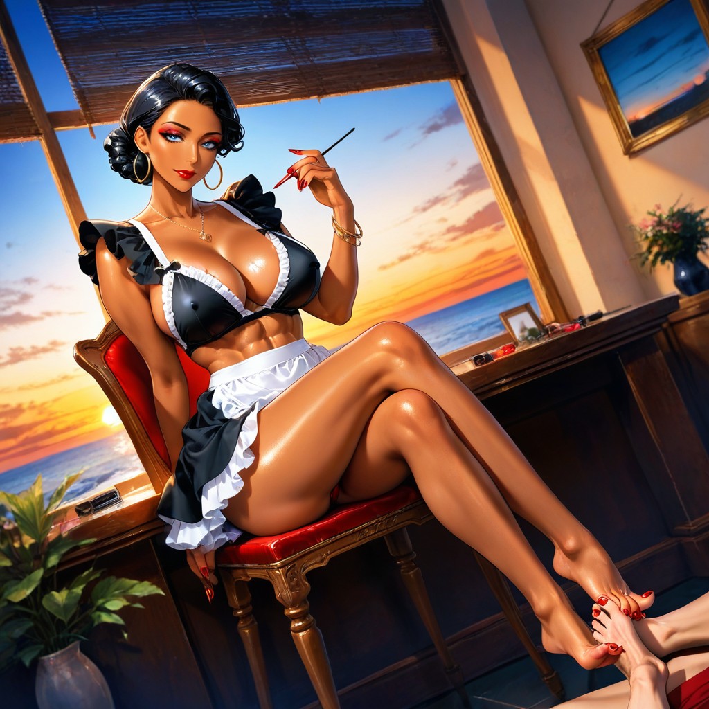 Maid, Red Glossy Lipstick, Putting On Nailpolish Hentai AI Porn