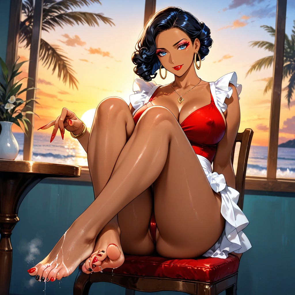 Red Nails, Slutty Maid Outfit, Window With View Of Ocean And Palm Trees Hentai AI Porn