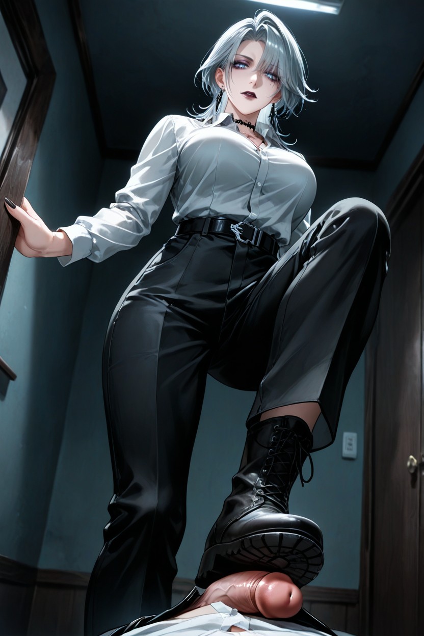 Dramatic Chiaroscuro, Muted Colors, Dominant Posture Hentai IA