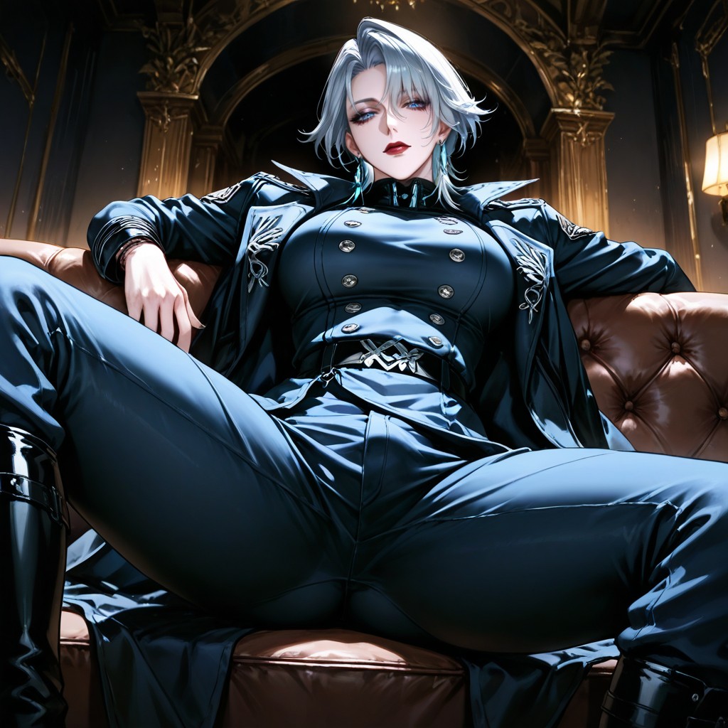 On Sofa, Silvery Lavender Wolfcut Hair, Structured Uniform Hentai IA