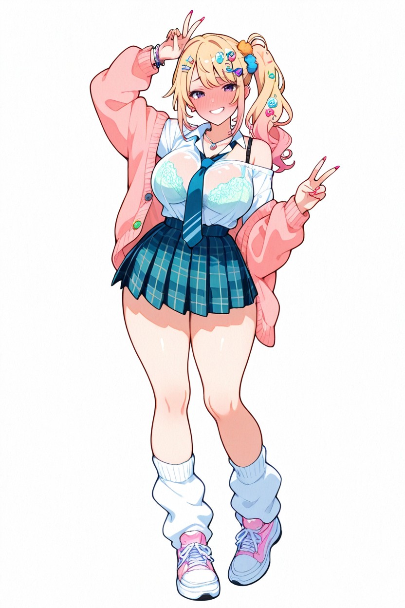 Plaid Pleated Miniskirt, Cheerful Gyaru, Looking At Viewer Hentai AI Porn