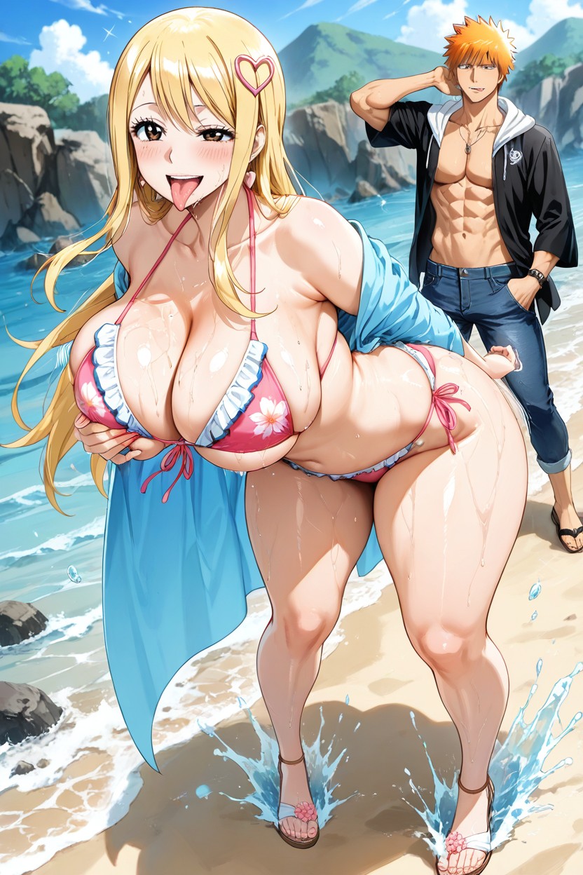 Full Body, Pink Floral Frilly Bikini Top Pulled Aside Deep Cleavage Underboob, 普通のお尻 ヘンタイAIポルノ