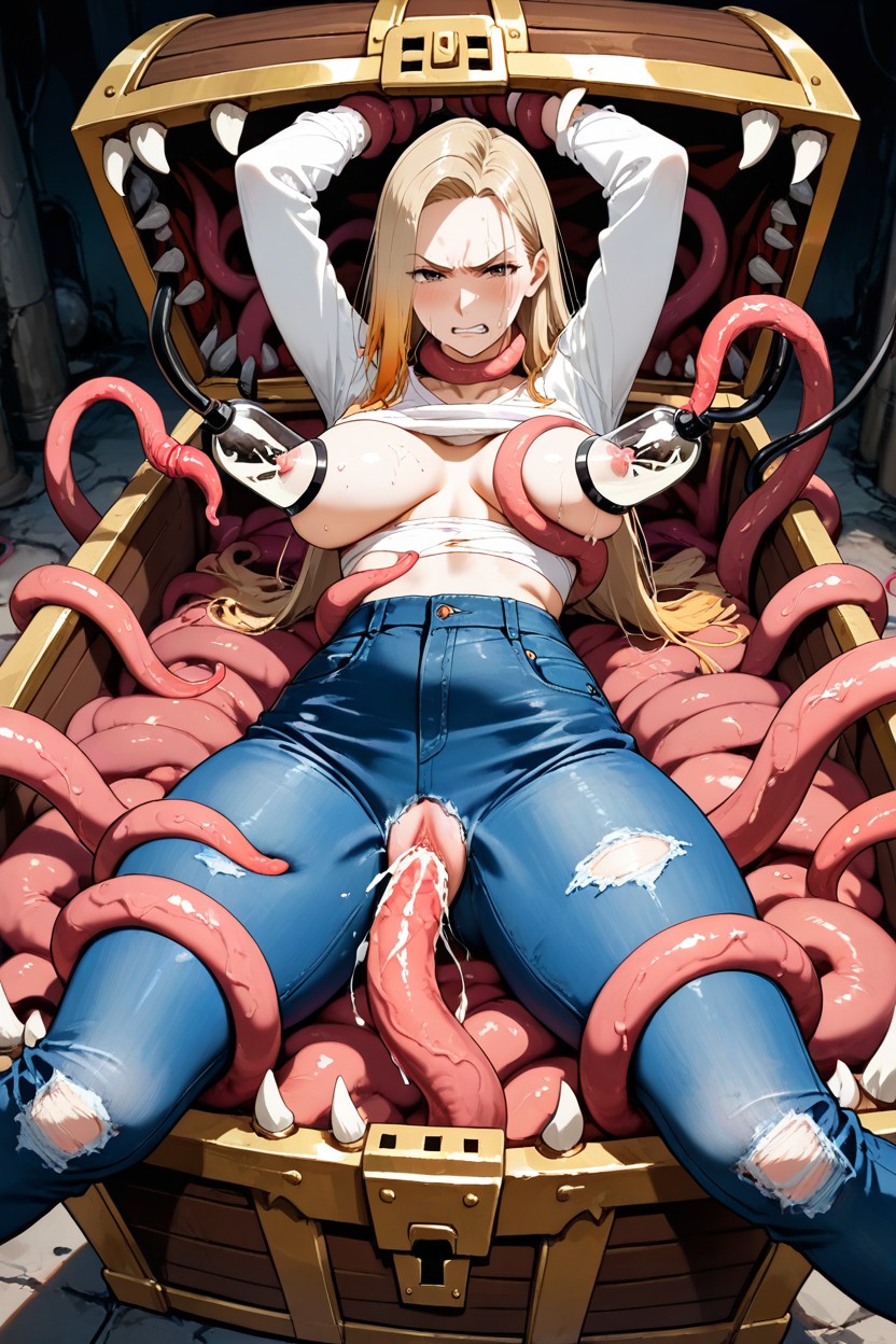 No Color Variation, Furrowed Eyebrows, High Waist Faded Blue Jeans Porno IA Hentai