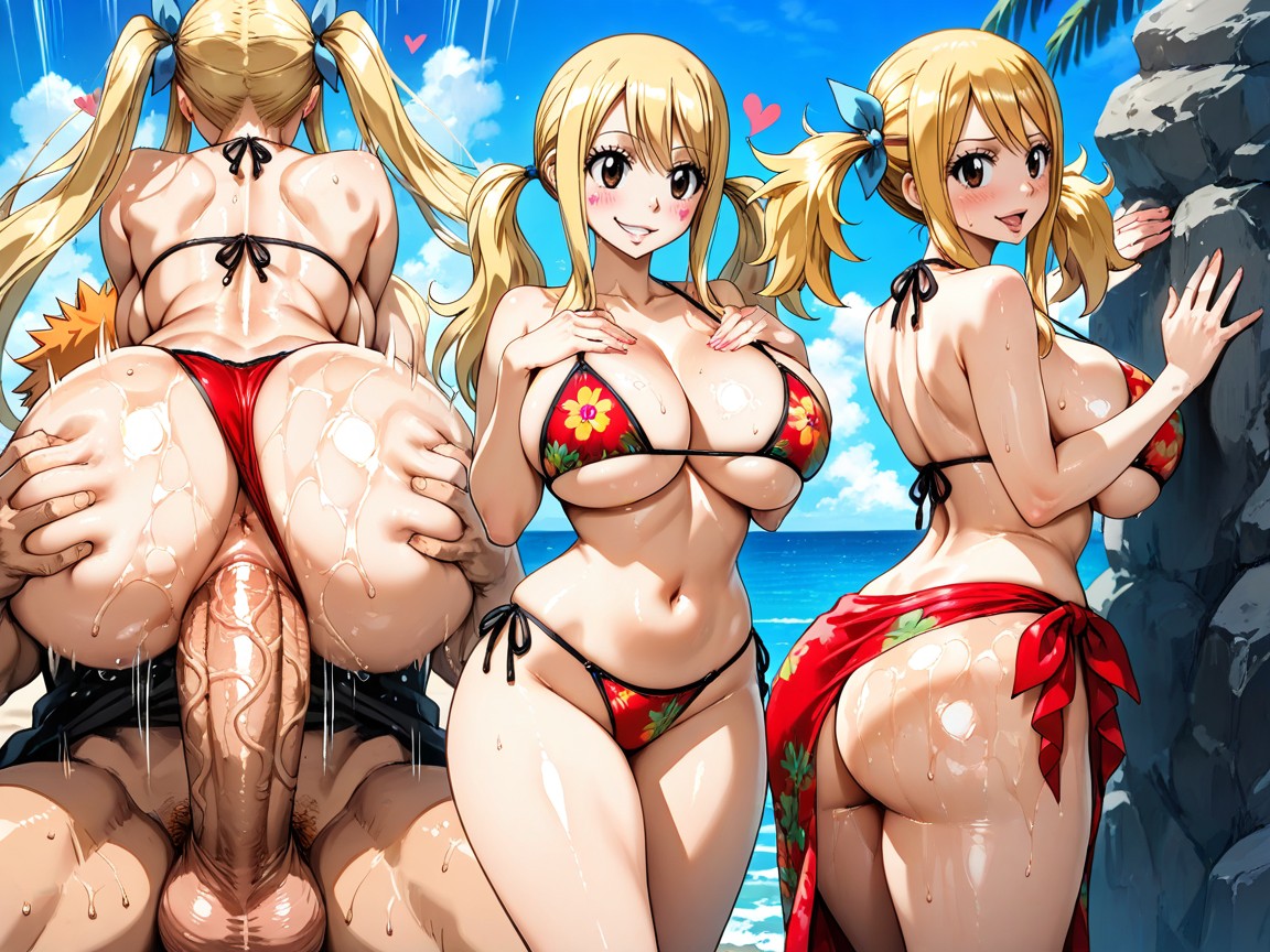 Emphasizing Curves, Long Blonde Hair High Twintails Teal Ribbons, Romantic Tropical Beach Sunset ヘンタイAIポルノ