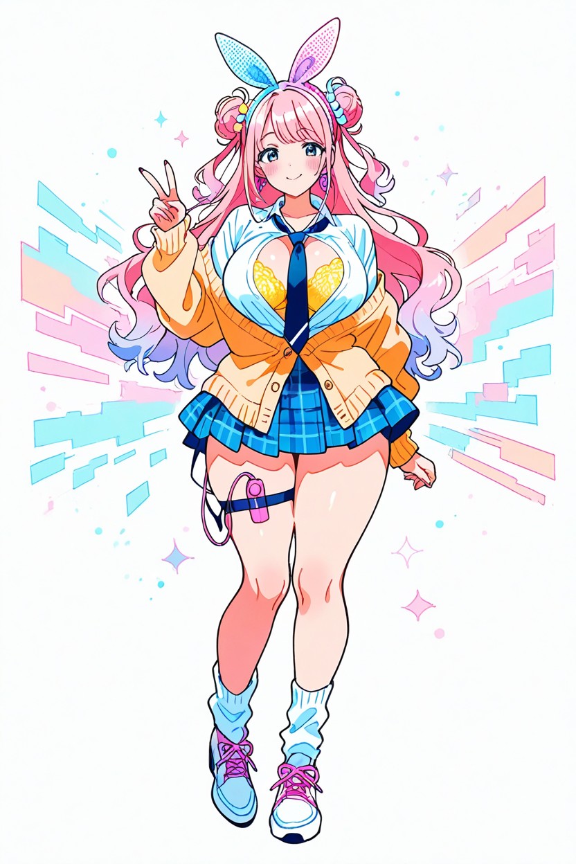 Colorful Headphones, V-sign Near Face, Full Body Hentai IA