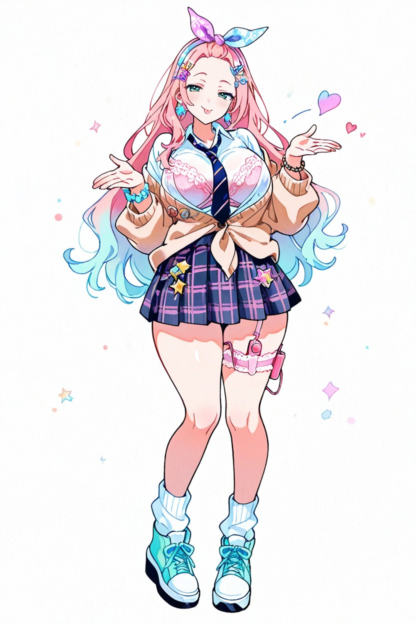 Watercolor Style, Pastel Bandana Headband, Pink Plaid Miniskirt Hentai IA