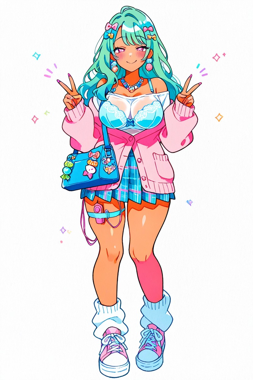 She Is Wearing A Revealing White Shirt Unbuttoned To Show Bra, Decora, Double Peace Sign Hentai AI Porn