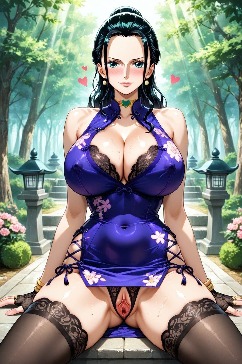 Japanese Garden With Forest, Arms At Her Sides, Curved Waist Hentai IA