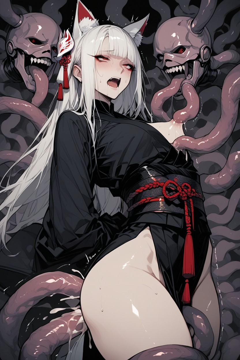 White Hair, Fox Tail, Arched Back 헨타이 AI 포르노
