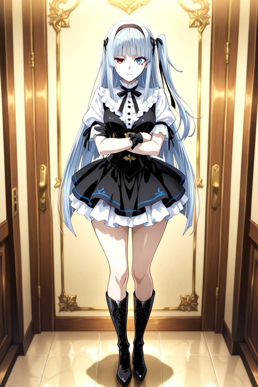 Ruffled Dress, Black Gothic Dress, Simple Large Black Ribbon On One Side Of The Head Hentai AI Porn