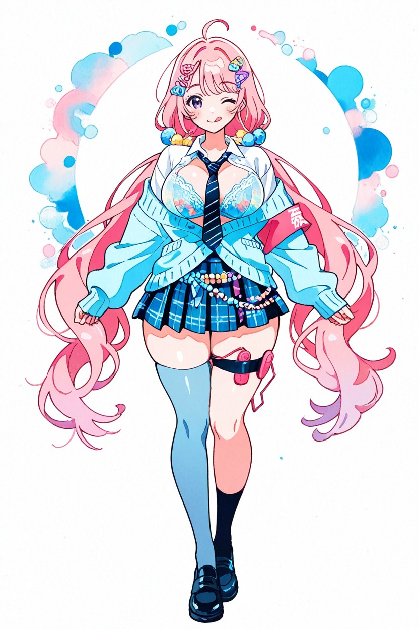 She Is Wearing A Revealing White Shirt Unbuttoned To Show Bra, Wispy Bangs, Full Body Hentai AI Porn