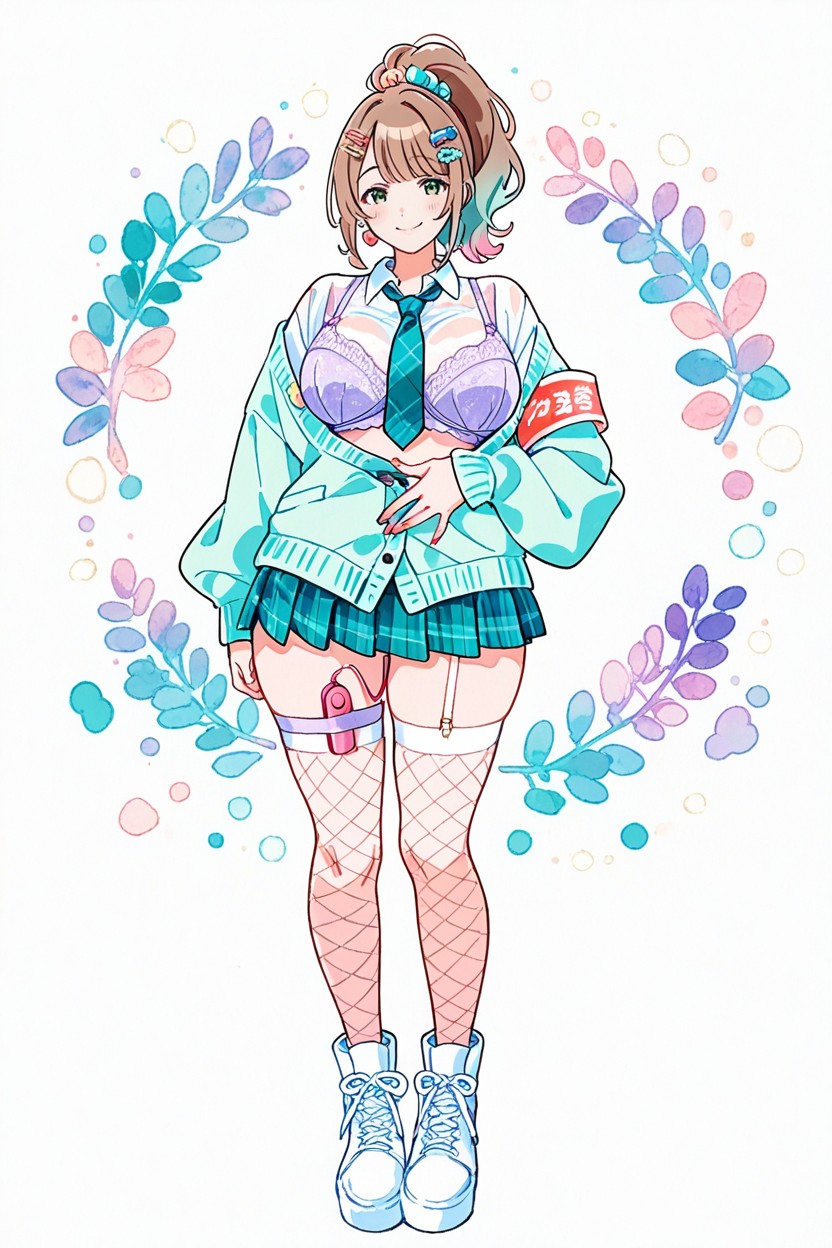 Aesthetic, She Is Wearing A Revealing White Shirt Unbuttoned To Show Bra, Armbands Hentai IA