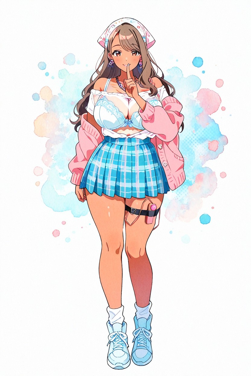 High-waisted, She Is Wearing A Revealing White Shirt Unbuttoned To Show Bra, Watercolor Style Hentai IA