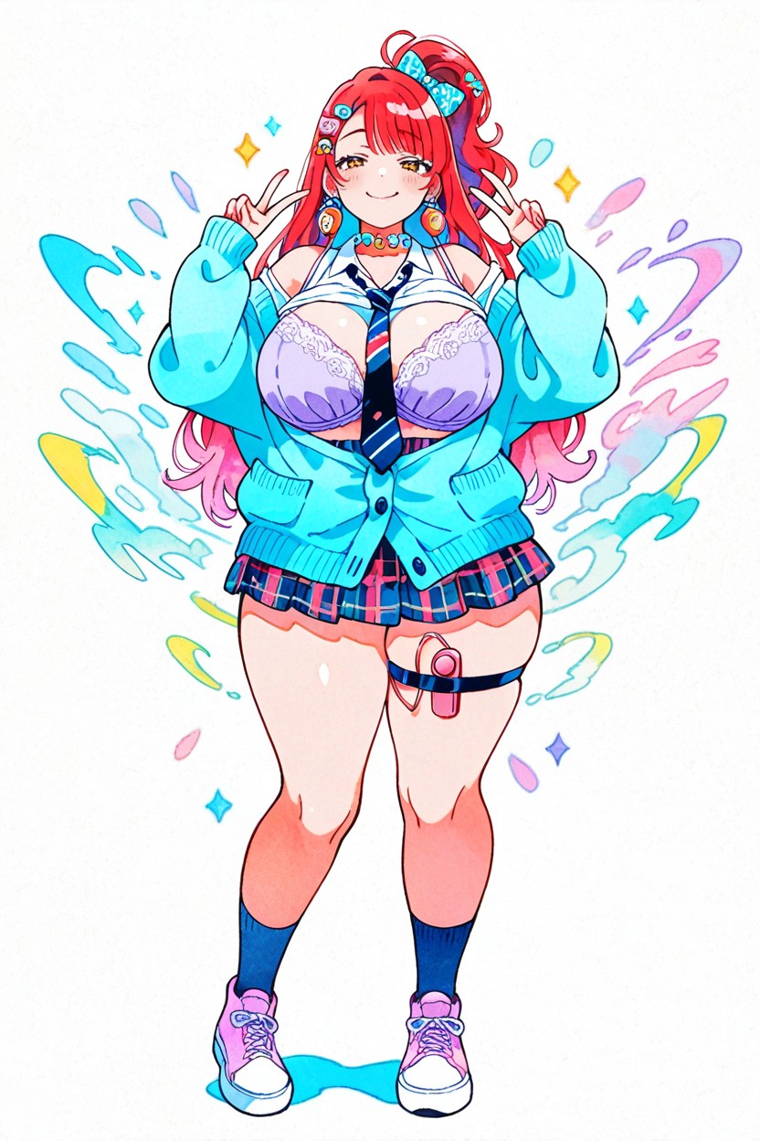 Gentle Light Diffusion, Pastel Blue Cardigan, Double Peace Sign Hentai AI Porn
