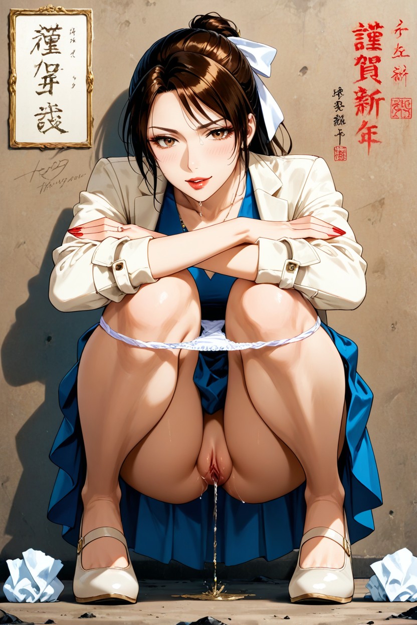 Dripping Pussy, Ribbon In Hair, Holding Edge Of Her Dress Porno IA Hentai