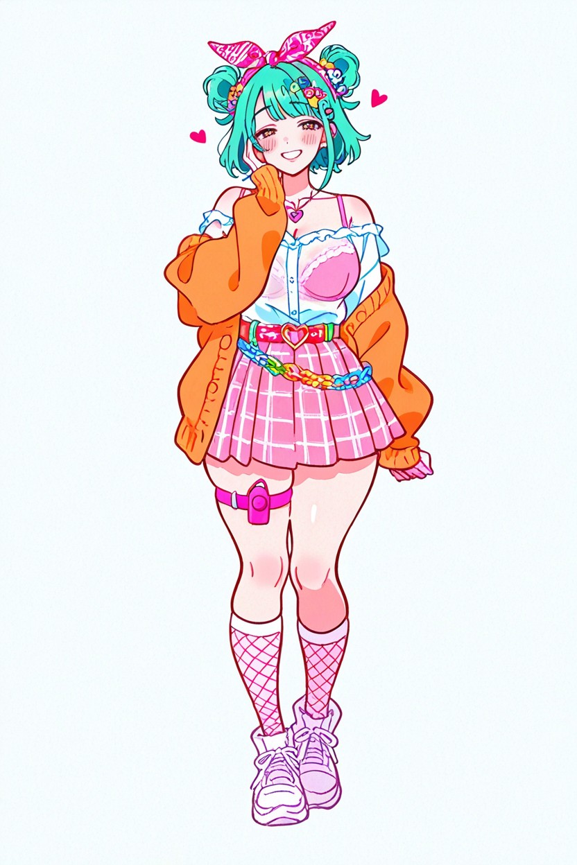 Pink Bra, Bandana, Cardigan Worn Off-the-shoulder ヘンタイAIポルノ