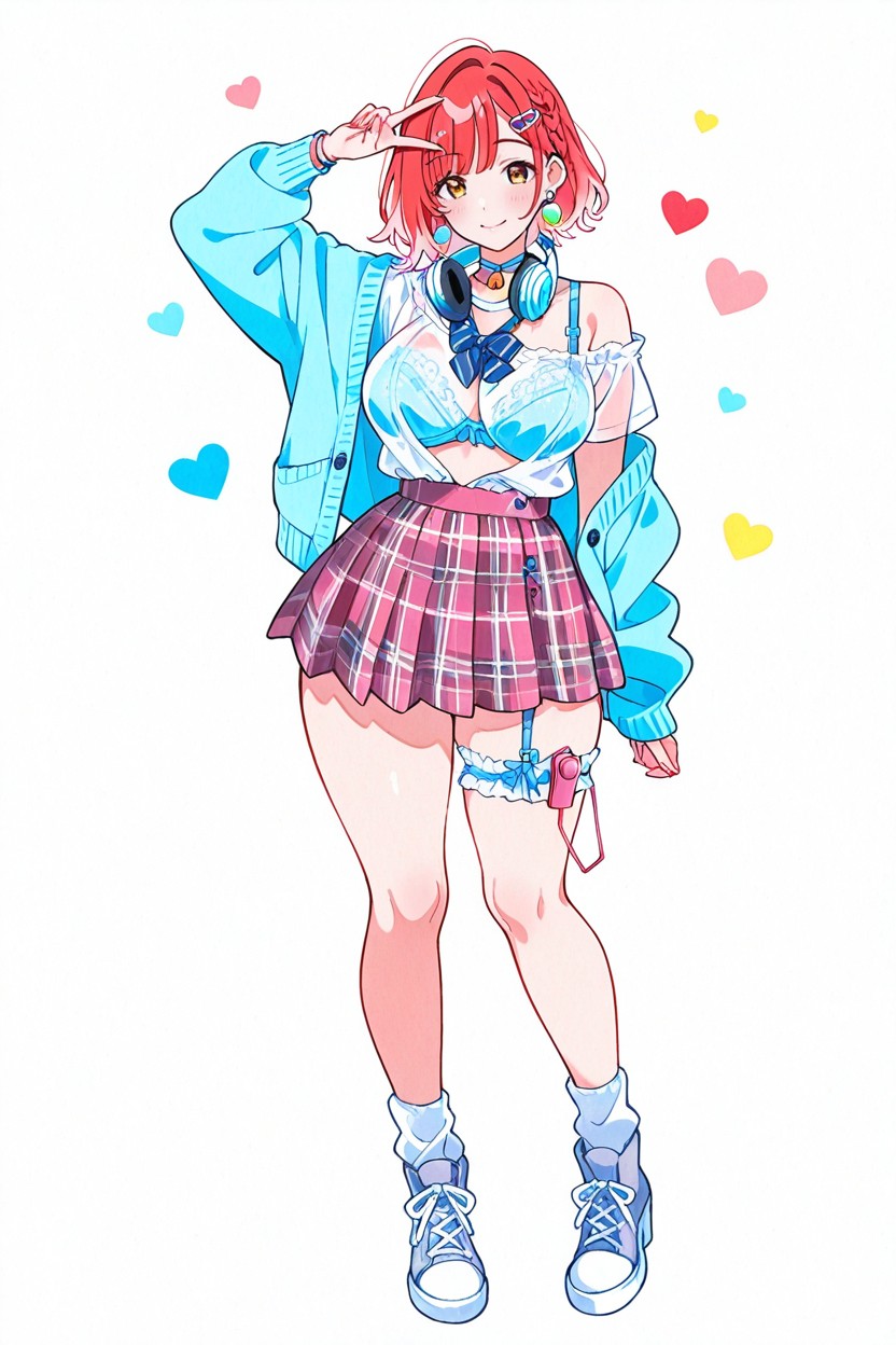 Hand Above Head V-sign, Full Body, Clean Composition Hentai AI Porn