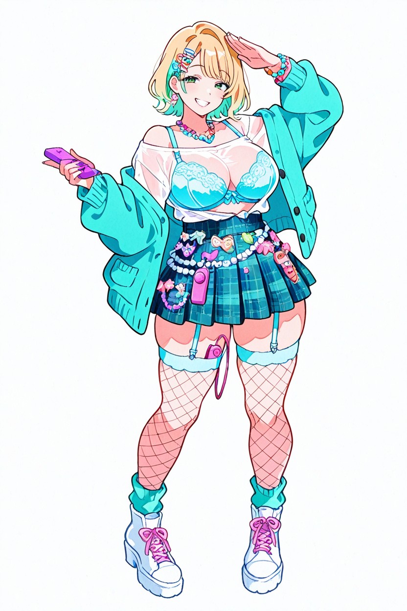 Pastel Color Fishnet, Soft Pastel Colors, Side Bangs Hentai IA pornografia