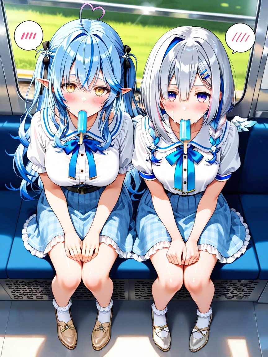 Sitting On Train Sheet, Duo, Matching Outfits Hentai AI Porn