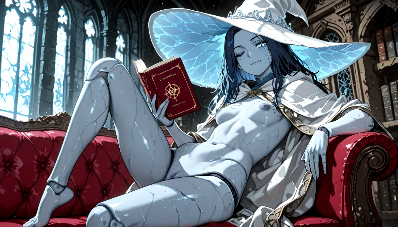 Harsh Lighting, Right Eye Has Magical Blue Sigil On Eyelid And Is Closed, Elden Ring's Ranni 헨타이 AI 포르노