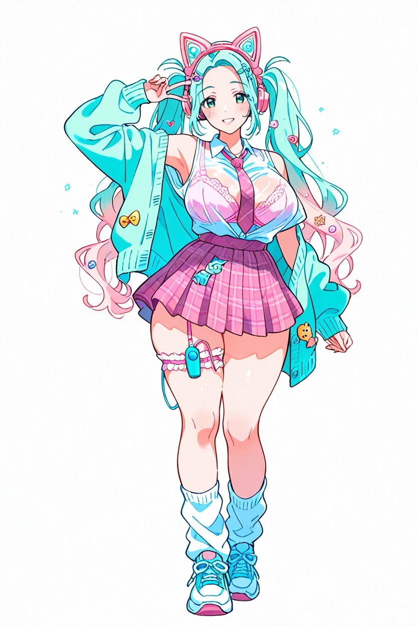 Mint Green Cardigan, High-waisted, See Through Shirt Show Bra Hentai IA