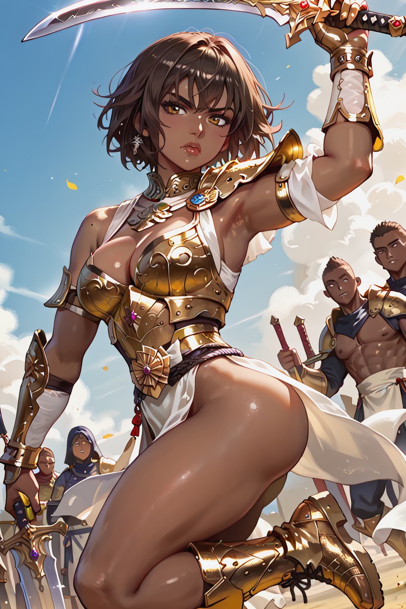 Cheveux Très Courts, Dark Brown Hair, Golden Armor Cuff Porno IA Hentai