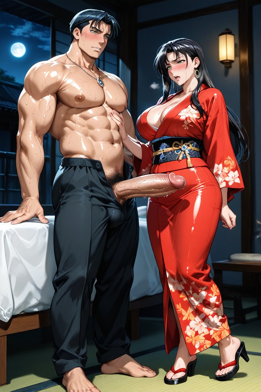 Belly Button Exposed, Blushing, Schwarzes Haar Hentai KI Porno