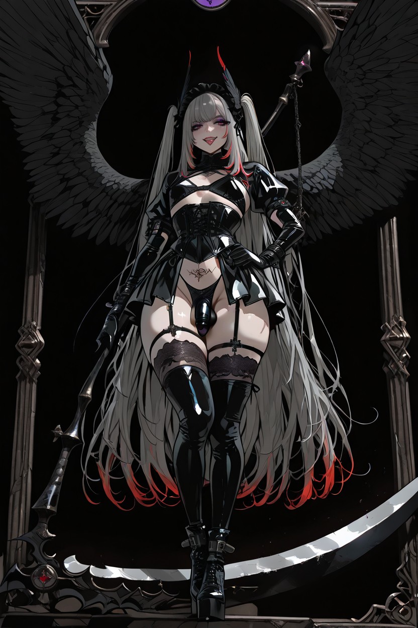 Black Mary-jane Shoes With Instep Strap, Floating Many Black Feathers, Black Latex Bondage Shrug Tops Hentai AI Porn
