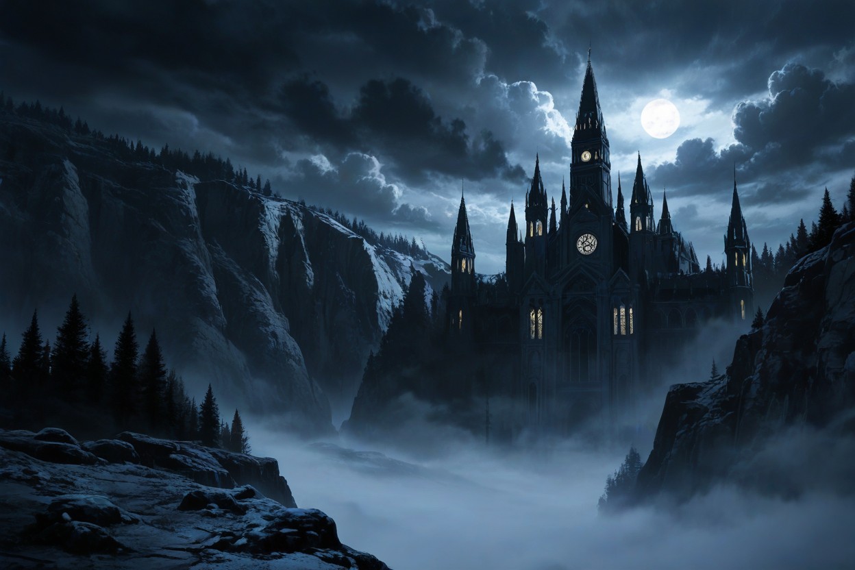 Cathedral-like Gothic Architecture, Deep Shadows, Cold Deep Navy Palette ヘンタイAIポルノ