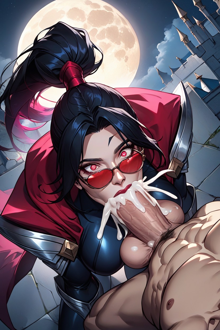 Red-tinted Eye Sunglasses, Night, Her Hands On His Balls Porno IA Hentai