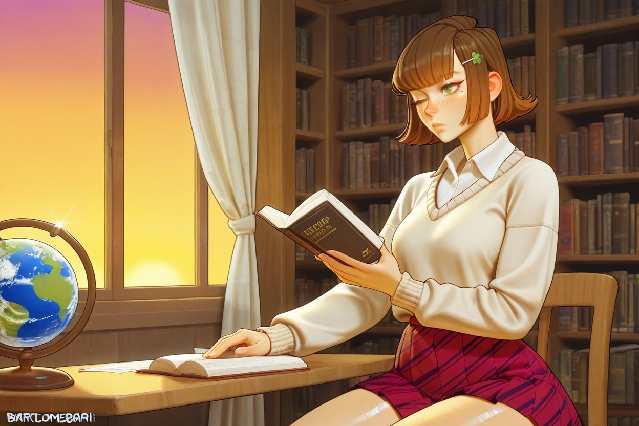 Sitting At Table, Green Eyes, Highlights Porno IA Hentai