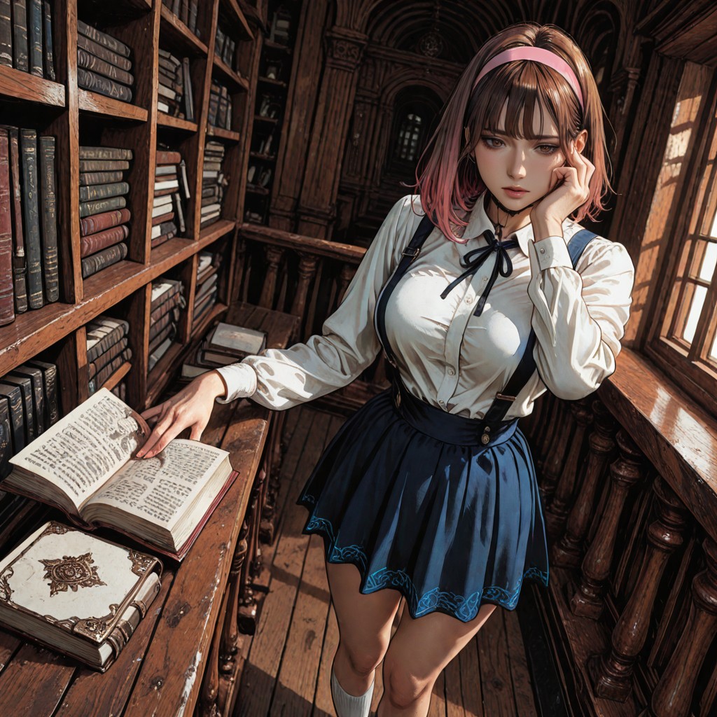 Soft Lighting, Standing, Facing Book Cabinet Porno IA Hentai