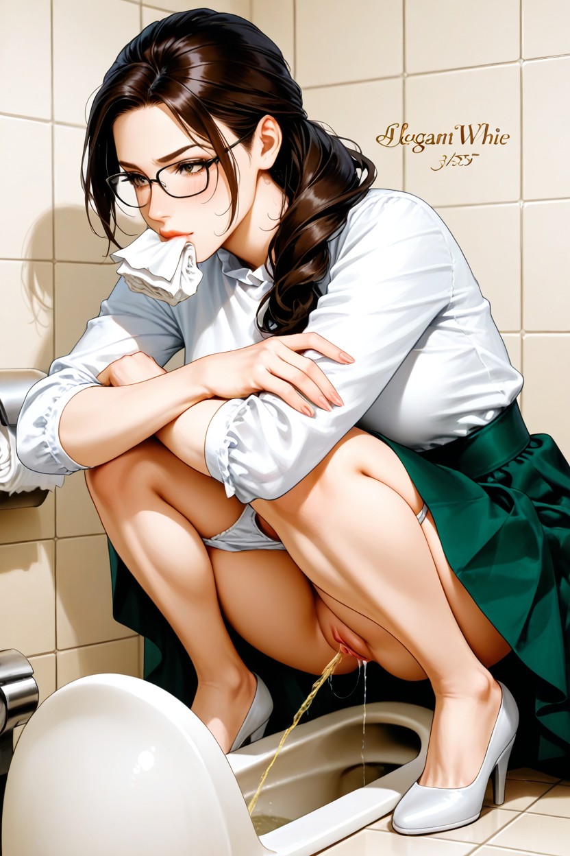 무릎을 모으고 발을 벌리기, Face View Squatting, Elegant White Panties Pulled Down To Knees 헨타이 AI 포르노