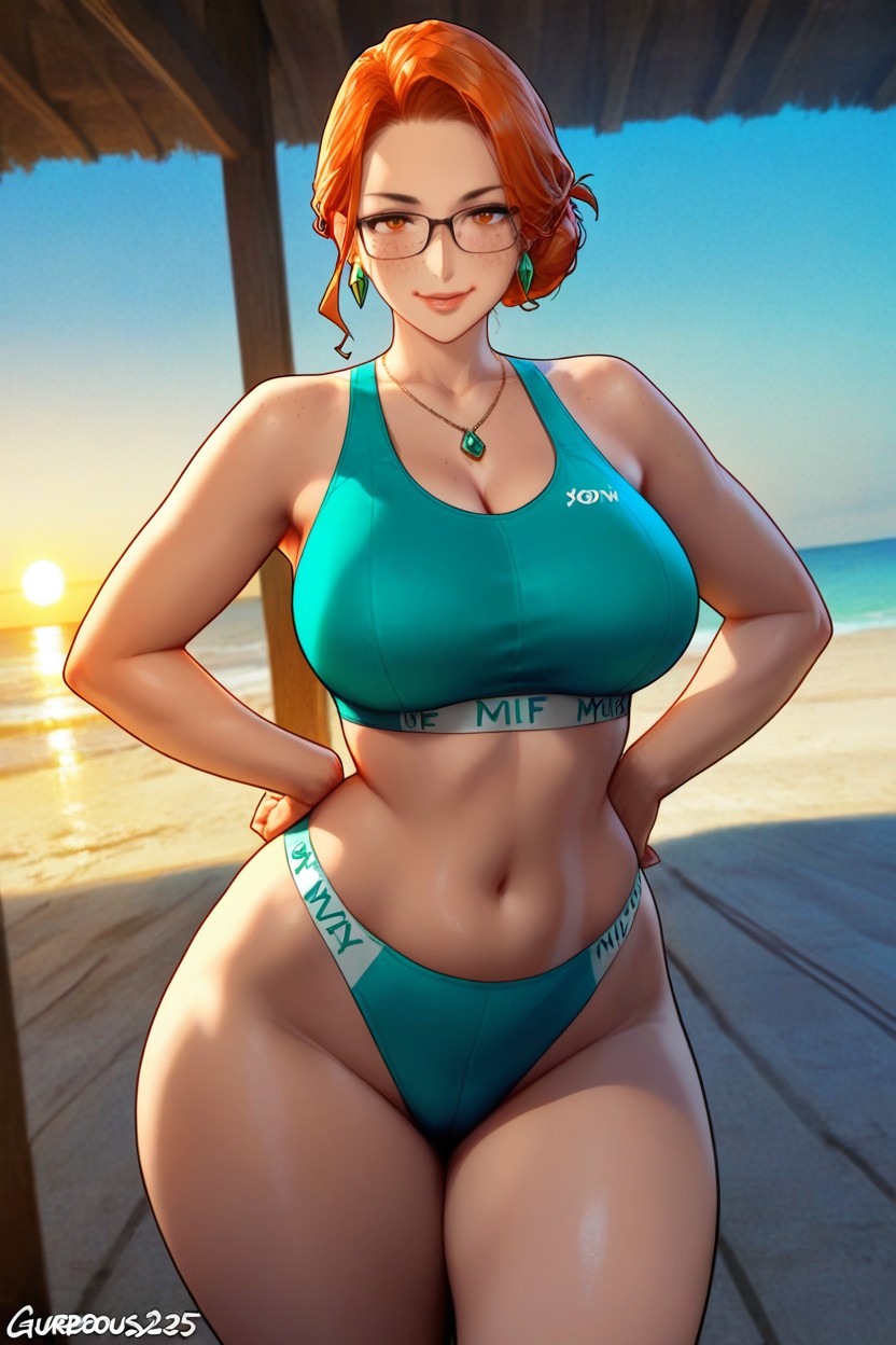 Sostén Deportivo, Pelo Pelirrojo, Manos En La Cintura Hentai IA