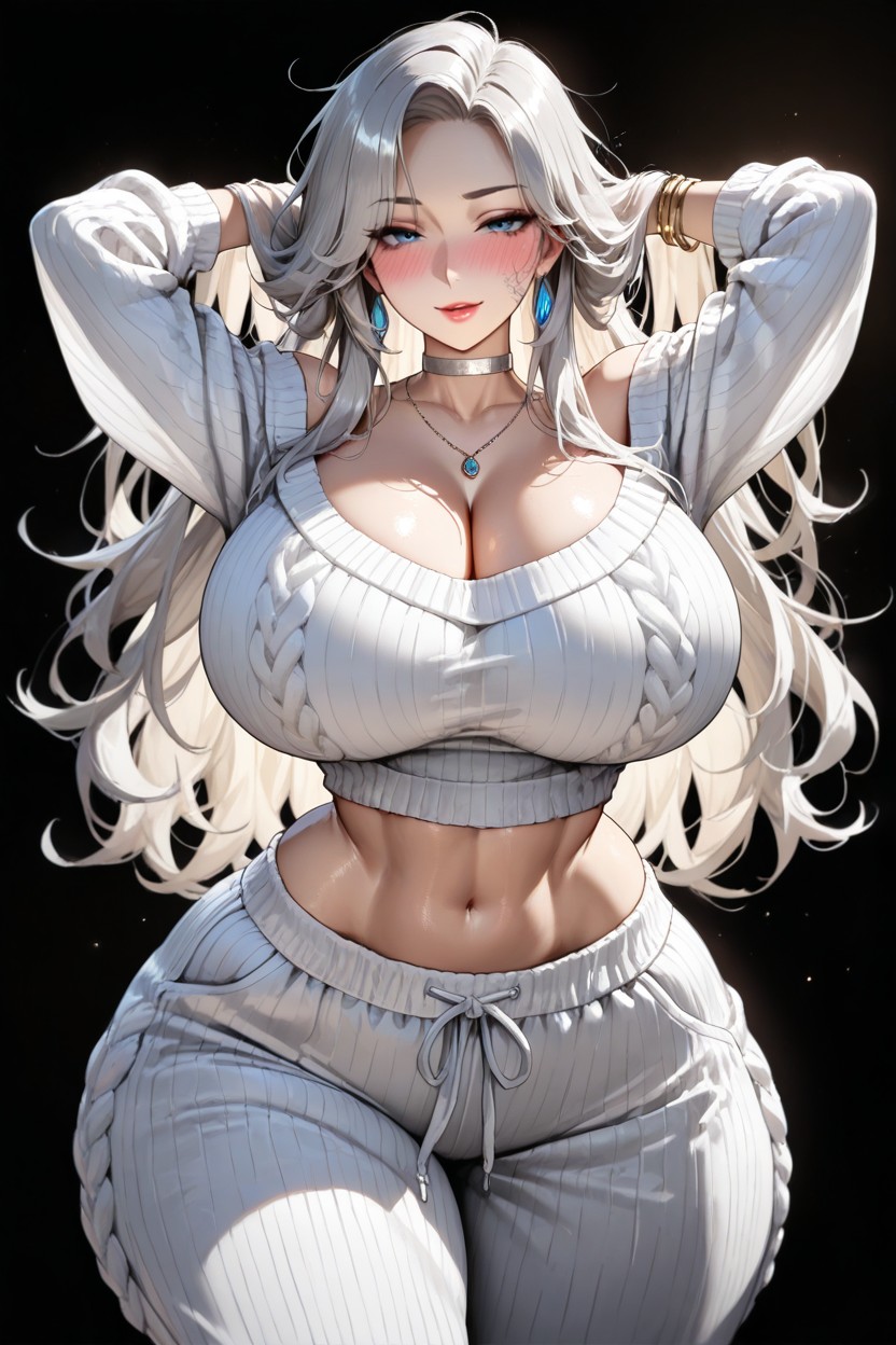 Coreano, Ultra High Details, Wearing Thick Ribbed Knit Cropped Sweater With Long Baggy Billowing Sleeves Hentai IA