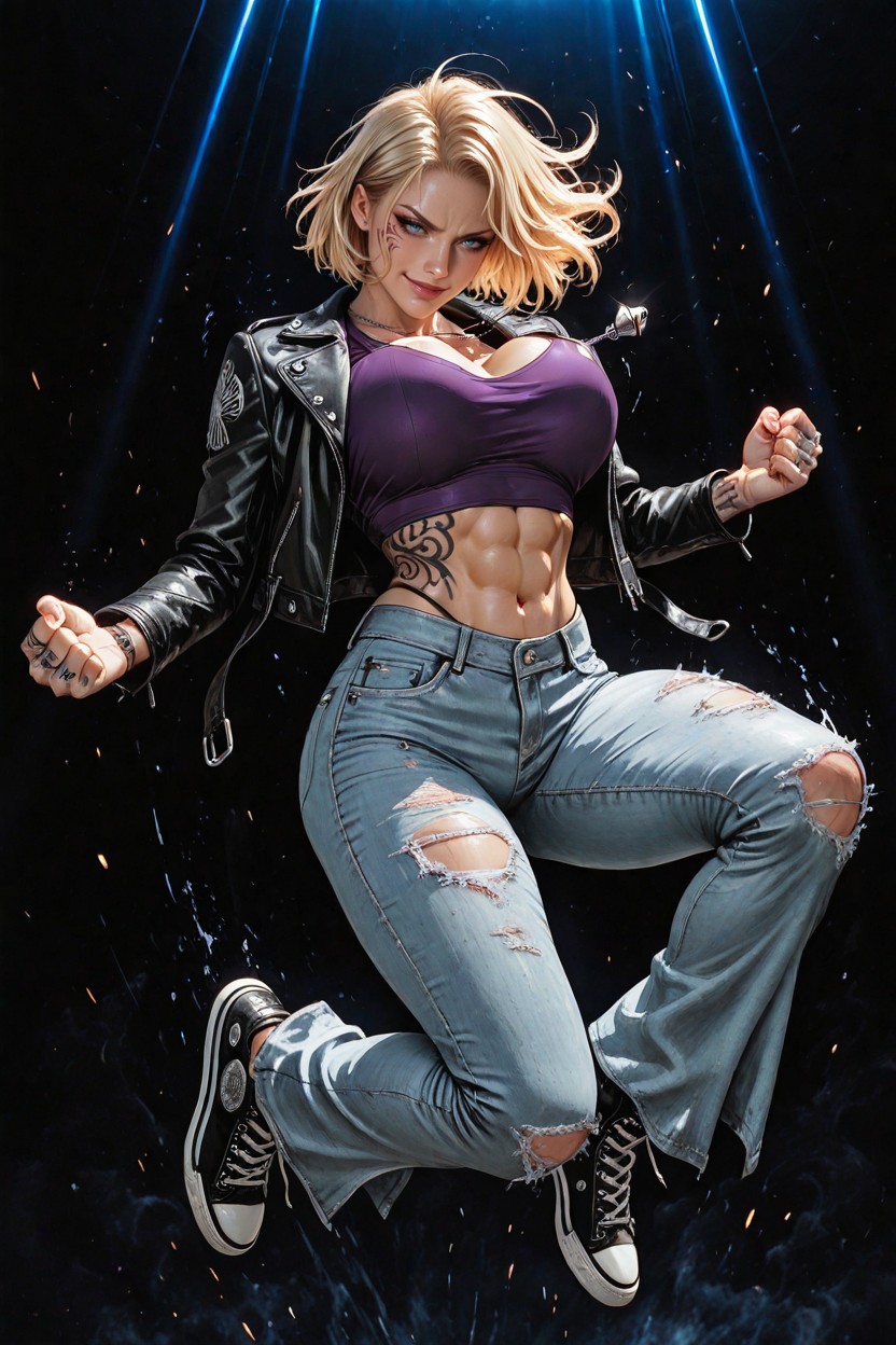 Black Cropped Leather Jacket Worn Open, Cheveux Blond, Purple Sports Crop Top Porno IA Hentai