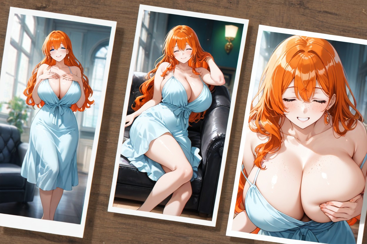 De Haut En Bas, Photo Collage Composition, Warm Amber Glow Curvy Woman With Long Ginger Wavy Hair Porno IA Hentai