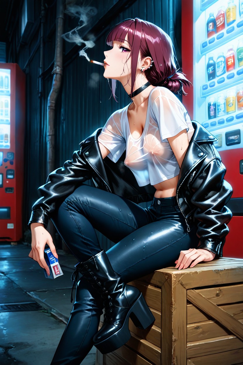 Slightly Medium Breast, On Vending Machine Side, Crop Top Leather Jacket Hentai IA