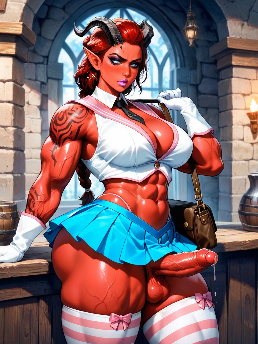 Black And Red Hair Styled Into Girly Braids With Bows, Slut, Muscular Veins Hentai AI Porn