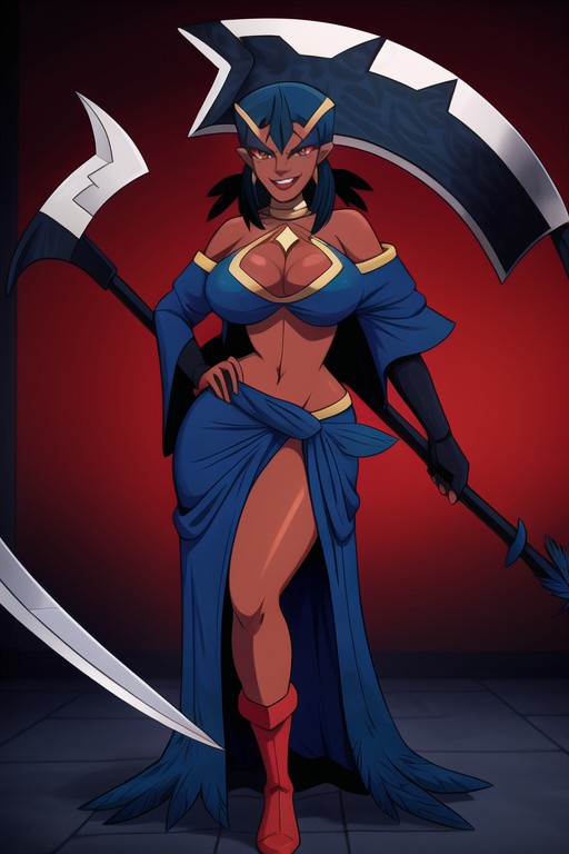 Holding Massive Scythe, Long Dark Blue Feathers On Neck, Long Hair Hentai AI Porn