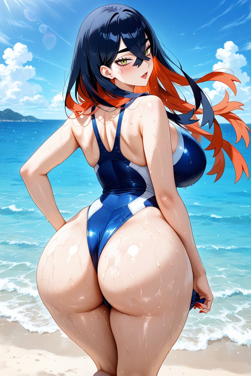 Medium Ass, Blue Competition Swimsuit, Pleasure Face Hentai AI Porn