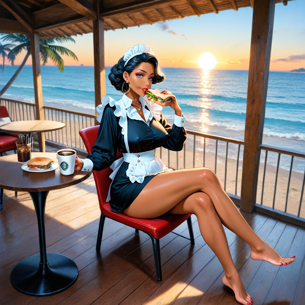 Makeup, View Of Ocean And Palm Trees, Slutty Maid Outfit Hentai AI Porn